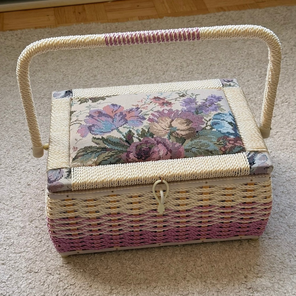 Vintage 80s Floral Tapestry Woven Wicker Sewing Basket Pink Cream Made in Korea